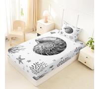Homewish Drap Housse 90x190 Enfant Conque Côtière Drap-Housse Étoile de Mer Corail Algues Drap de Lit Coquillage Jolie Plage Housse de Matelas Animaux de la Mer Aquarelle Gris