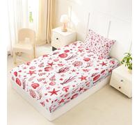 Homewish Drap Housse 90x190 Enfant Côtier Drap-Housse Baleine Tortue de Mer Mignonne Drap de Lit Hippocampe Algues Côtier Rouge Vif Housse de Matelas Coquillage Étoile de Mer Tendence