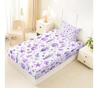 Homewish Drap Housse 90x190 Enfant Côtier Drap-Housse Coquillage Étoile de Mer Aquarelle Drap de Lit Animal Côtier Algues Mignon Housse de Matelas Loisirs Plage Été Violet