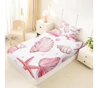 Homewish Drap Housse 90x190 Enfant Côtier Drap-Housse Coquillage Étoile de Mer Mignon Drap de Lit Plage Blanc Rose Clair Housse de Matelas Animaux de la Mer Plage avec 1 Taie d'oreiller 51x75cm