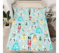 Homewish Drap Housse 90x190 Enfant Craquenoix de Noël,Drap-Housse Princesse de Ballette Rêveuse,Drap de Lit Arbre de Noël de Carousel,Housse de Matelas Vert Gris avec 1 Taie d'oreiller 51x75cm