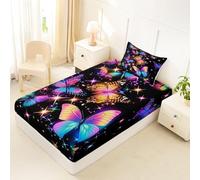 Homewish Drap Housse 90x190 Enfant déco Papillon Drap-Housse Papillons Colorés Rêveurs Drap de Lit Paillettes Ciel étoilé Housse de Matelas Violet et Bleu étincelants avec 1 Taie d'oreiller 51x75cm