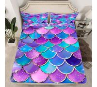 Homewish Drap Housse 90x190 Enfant Écale de Poisson de Sirène,Drap-Housse Sirène Violette de Théile,Drap de Lit Animaux de L'Océan Magique,Housse de Matelas Faune Marine Nautique Côtière