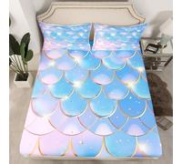 Homewish Drap Housse 90x190 Enfant Écale de Poisson Sirène,Drap-Housse Sirène Pastel,Drap de Lit Animaux de L'Océan Rêveux,Housse de Matelas Vie Marine Magique avec 1 Taie d'oreiller 51x75cm