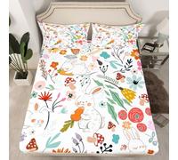 Homewish Drap Housse 90x190 Enfant Fille Lapin Mignon, Drap-Housse Feuilles Fleurs Champignons, Drap de Lit Animaux de Dessins Animés, Décoration de Chambre Kawaii Coloré