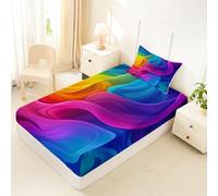 Homewish Drap Housse 90x190 Enfant Géométrique Coloré Drap-Housse Rayure Arc en Ciel Drap de Lit Géométrique Esthétique Housse de Matelas Art de Lignes Fluides avec 1 Taie d'oreiller 51x75cm