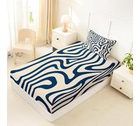 Homewish Drap Housse 90x190 Enfant Géométrique Élégant Drap-Housse Courbe Bleu Foncé Beige Drap de Lit Géométrique Moderne Housse de Matelas Œuvre d'art de Lignes avec 1 Taie d'oreiller 51x75cm