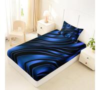 Homewish Drap Housse 90x190 Enfant Géométrique Funky Drap-Housse Lignes Ondulées Bleu Noir Drap de Lit Art Géométrique Housse de Matelas Rayure Minimaliste avec 1 Taie d'oreiller 51x75cm