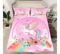 Homewish Drap Housse 90x190 Enfant Licorne Rose 1 Personne, Drap-Housse Fille Arc-en-Ciel, Drap de Lit Boho Botanique Floral Étoile de Lune, Housse de Matelas Galaxie Pailletée Étoiles