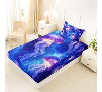 Homewish Drap Housse 90x190 Enfant Méduse Galaxie Drap-Housse Vie Marine Côtière Lumineuse Drap de Lit Animal Océan Fantaisie Housse de Matelas Ciel Étoilé sous-Marin Bleu Violet
