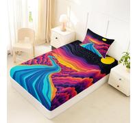 Homewish Drap Housse 90x190 Enfant Montagnes Rivières Drap-Housse Jolie Lune Nuage Ciel Étoilé Drap de Lit Géométrique Abstrait Housse de Matelas Rayure Artistique avec 1 Taie d'oreiller 51x75cm