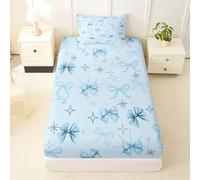 Homewish Drap Housse 90x190 Enfant Nœud Papillon Drap-Housse Étoiles Drap de Lit Nœud Papillon Coquet Kawaii Housse de Matelas Motif Étincelant Lumière d'Étoile Sarcelle avec 1 Taie d'oreiller 51x75cm