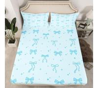 Homewish Drap Housse 90x190 Enfant Nœud Preppy Kawaii Drap-Housse Nœuds Papillon Étoiles Bleues Drap de Lit Nœud Ruban Mignon Housse de Matelas Ciel Étoilé avec 1 Taie d'oreiller 51x75cm