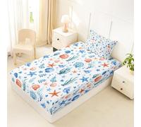 Homewish Drap Housse 90x190 Enfant Océan Côtier Drap-Housse Coquillage Étoile de Mer Drap de Lit Vie Marine Algues Mignon Bleu Orange Housse de Matelas Loisirs Plage Été Aquarelle