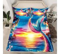 Homewish Drap Housse 90x190 Enfant Queue de Sirène,Drap-Housse Vie Magique de L'Océan,Drap de Lit Écale de Poisson de Sirène,Housse de Matelas Animaux sous-Marin Rêveux avec 1 Taie d'oreiller 51x75cm