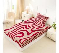 Homewish Drap Housse 90x190 Enfant Rayures Géométriques Drap-Housse Courbe Beige Rouge Drap de Lit Géométrique Moderne Housse de Matelas Œuvre d'art de Lignes avec 1 Taie d'oreiller 51x75cm