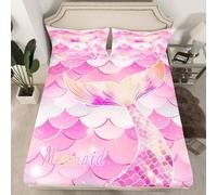 Homewish Drap Housse 90x190 Enfant Rose Sirène Rêveuse,Drap-Housse Écale de Poisson de L'Océan,Drap de Lit Animaux de L'Océan Magique,Housse de Matelas Princesse Mignonne de Queue de Sirène