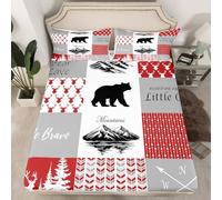 Homewish Drap Housse 90x190 Enfant Rustique,Drap-Housse Ours de Cerf de Chasse,Drap de Lit Chasseur de Camping de Ferme,Housse de MatelasAnimaux Sauvages du Pays des Bois, 51x75cm Rouge Gris
