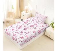 Homewish Drap Housse 90x190 Enfant Thème Océan Drap-Housse Coquillage Étoile de Mer Moderne Drap de Lit Animal Côtier Algues Mignon Housse de Matelas Loisirs Plage Été Rose Foncé