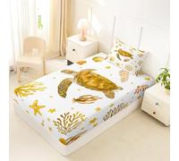 Homewish Drap Housse 90x190 Enfant Tortue de Mer Côtière Mignonne Drap-Housse Coquillage Étoile de Mer Drap de Lit Algues Jolies Plage Housse de Matelas Vie Marine Aquarelle Jaune