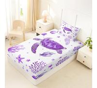 Homewish Drap Housse 90x190 Enfant Tortue de Mer Côtière Mignonne Drap-Housse Coquillage Étoile de Mer Drap de Lit Algues Jolies Plage Housse de Matelas Vie Marine Aquarelle Violette