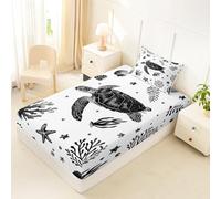 Homewish Drap Housse 90x190 Enfant Tortue de Mer Côtière Mignonne Drap-Housse Coquillage Étoile de Mer Drap de Lit Algues Jolies Plage Housse de Matelas Vie Marine Aquarelle Noire