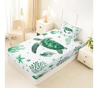 Homewish Drap Housse 90x190 Enfant Tortue de Mer Côtière Mignonne Drap-Housse Coquillage Étoile de Mer Drap de Lit Algues Jolies Plage Housse de Matelas Vie Marine Aquarelle Verte