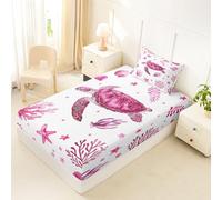 Homewish Drap Housse 90x190 Enfant Tortue de Mer Côtière Mignonne Drap-Housse Coquillage Étoile de Mer Drap de Lit Algues Jolies Plage Housse de Matelas Vie Marine Aquarelle Rose