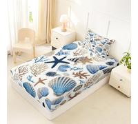 Homewish Drap Housse 90x190 Enfant Vie Océanique Côtière Drap-Housse Coquillages Corail Étoile de Mer Drap de Lit Bleu Beige Brun Housse de Matelas Plage Hawaïenne Récif Corallien