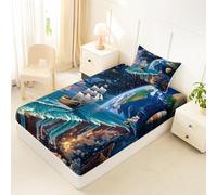 Homewish Drap Housse 90x190 Enfant Voilier Côtier Drap-Housse Aventure Magnifique Drap de Lit Terre Planète Ciel Étoilé Housse de Matelas Voyage Fantaisie Océan avec 1 Taie d'oreiller 51x75cm