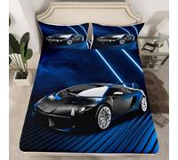 Homewish Drap Housse 90x190 Enfant Voiture de Course, Drap-Housse 1 Personne Ado Garçon Voiture de Course, Drap de Lit Voiture de Sport Extrême Housse de Matelas Rayures Géométrique Bleu