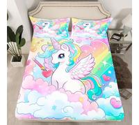 Homewish Drap Housse 90x190 Licorne Arc-en-Ciel pour Enfant Fille, Drap-Housse 1 Personne Rose Violet Jaune Sarcelle Dégradé Ombre, Drap de Lit Motif de Cœur d'amour Mignonne