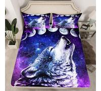 Homewish Drap Housse 90x190 Loup Hurlant, Drap de Lit Bleu Violet Ciel Étoilé, Parure de Lit Série Galaxie pour Enfant Jeunesse Homme, Drap-Housse Étoiles Trippantes Lune, 1 Taie d'oreiller