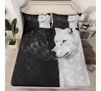 Homewish Drap Housse Couple de Loups Drap-Housse 150x200 Adulte Loup Noir et Blanc, Drap de Lit Animaux de La Forêt, Housse de Matelas 2 Personnes Sauvage de La Jungle 3 Pièces