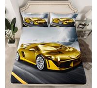 Homewish Drap Housse Garçon 90x190 cm avec 1 Taie d'oreiller, Drap-Housse 1 Personne Voiture de Course Drap de Lit Voiture de Sport Extrême, Housse de Matelas Voiture de Sport Jaune Gris