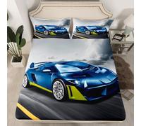 Homewish Drap Housse Garçon 90x190 cm avec 1 Taie d'oreiller, Drap-Housse 1 Personne Voiture de Course Drap de Lit Voiture de Sport Extrême, Housse de Matelas Voiture de Sport Bleu