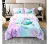 Homewish Enfants Tortue Couvre Lit Vert Tortue Parure de Lit 220x240 Arc en Ciel Algues Corail Literie Set Brillant Mermaid Fish Scale Couvre Lit avec Réversible Étoiles Colorées,Vert