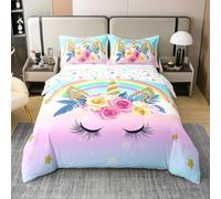 Homewish Fleur Fille Licorne Garçon Literie Set220x240 Licorne Coton Housse de Couette,Aquarelle Pastel Literie,Rainbow Licorne Couvre Lit avec 2 Taies d'oreiller sans Couette