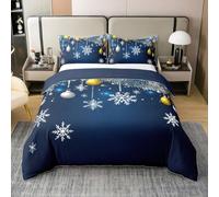 Homewish Flocons de Neige Coton Housse de Couette 200x200,Sapin de Noël Soft Parure de Lit Chambre,Feuille Boule de Lumière Thème de Noël pour Enfants Literie Set,Bleu Noir Brillant Neige Couvre Lit