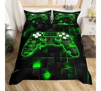Homewish Game Housse de Couette Fille 240 x 260 cm avec 2 Taies d'oreiller, Parure de Lit Enfant Garcon Gaming Sets de Housses de Couettes Gamer Néon Couvre Lit Carré Géométrique, Noir et Vert