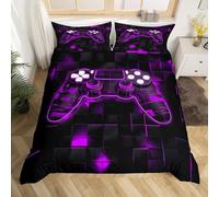Homewish Gaming Housse de Couette Ado Garcon 240 x 260 cm avec 2 Taies d'oreiller, Parure de Lit Jeux Vidéo, Sets de Housses de Couettes Manette de Jeux Néon Couvre Lit Carré Géométrique Violet