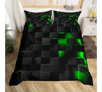 Homewish Géométrie Housse de Couette 240 x 260 cm avec 2 Taies d'oreiller, Parure de Lit Géométrique pour Garçon Fille, Couvre Lit Motif Carré Vert Sets de Housses de Couettes Abstrait Noire