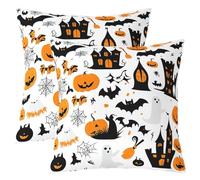 Homewish Halloween Citrouille Housse de Coussin Lot de 2 45x45 Halloween Château Sorcière Silhouette Taie Oreiller Fantôme Chauve Souris Toile D'Araignée Gothique Fantôme Halloween Coussin Décoratifs