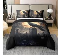 Homewish Halloween Corbeau Coton Housse de Couette 140x200,Cimetière d'horreur Parure de Lit,Pleine Lune Gothique Literie Set,Fumé Nuit Noire Couvre Lit Adulte Adolescent Réversible Noir