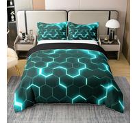 Homewish Housse Couette 200x200 en Coton pour Garçons, Ensemble de Literie Géométrique en Nid d'abeille, Housse de Couette Géométrique À Lumières Néon pour Enfants, Parure de Lit Hexagonal