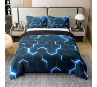 Homewish Housse Couette 220x240 Géométrique, Ensemble de Literie Nid d'abeille Bleu Noir Néon Clair pour Ados, Housse Couette Géométrique Hexagonal, Parure de Lit Moderne pour Chambre, 220x240