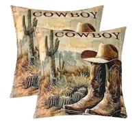 Homewish Housse Coussin Lot de 2 Bottes de Cowboy Housse de Coussin 60x60 Enfants Garçons Occidentaux Taie Oreiller Cactus du Désert du Pays Wild West Retro Rustique Cabine Botanique Taie d'oreiller