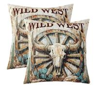 Homewish Housse Coussin Lot de 2 Taureau Crâne Housse de Coussin 45x45 Enfants Garçons Vintage Wild West Taie Oreiller Mou Rustique Grange Désert Cactus Pays Cowboy Roue de Cabine Taie d'oreiller