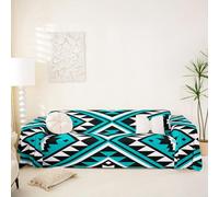 Homewish Housse de Canapé Teal Western Protège Canapé Cabine de Ferme Rustique pour Chein, Salon Boho Aztèques Lavable en Machine 180 x 380 cm Géométrique Tribale Sud-Ouest