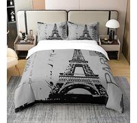 Homewish Housse de couette 100 % coton - Motif Tour Eiffel - Style vintage et romantique - Paris France - Style vieux journal - Pour homme et femme - 155 x 220 cm - Gris élégant et respirant